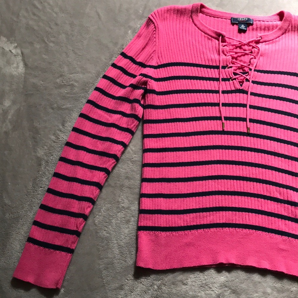 Chaps Pink and Black Striped Tie Sweater